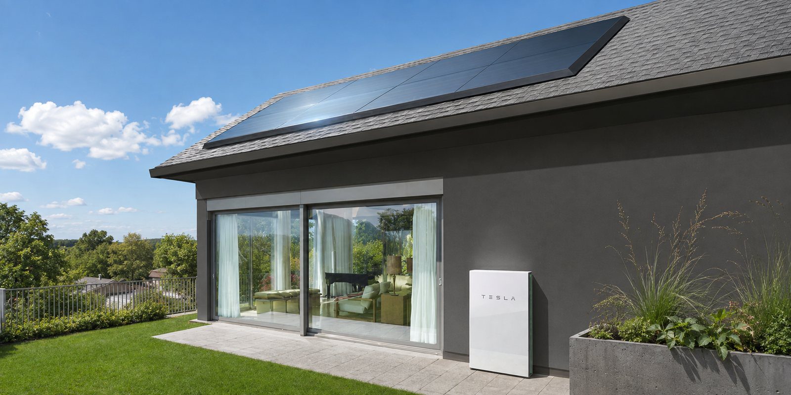 Tesla solar panels on a residential roof with a Tesla Powerwall mounted on the exterior wall